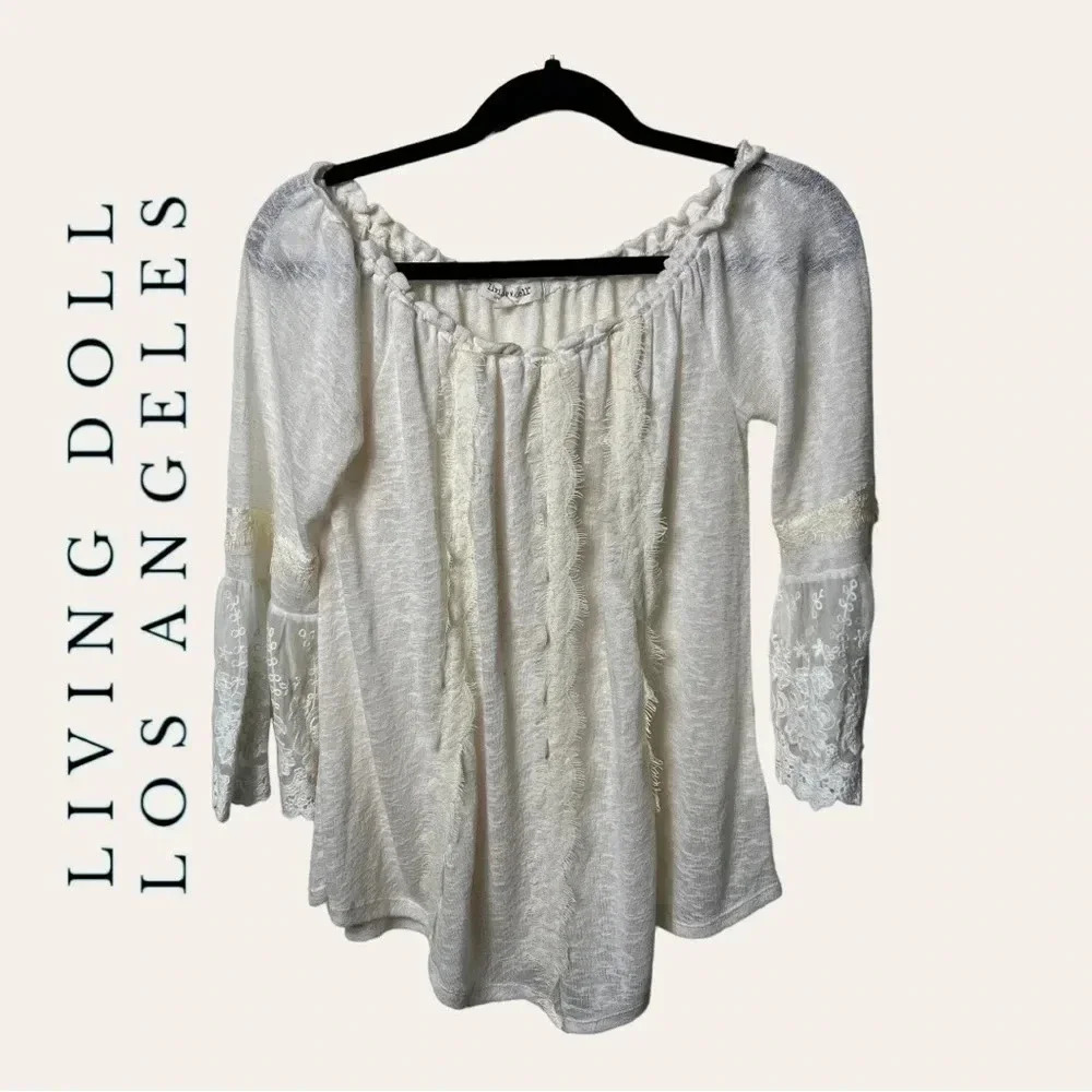 1282. LIVING DOLL 3/4 SLEEVE TOP EMBROIDERED LACE‎ SIZE 1(SEE MEASUREMENTS)